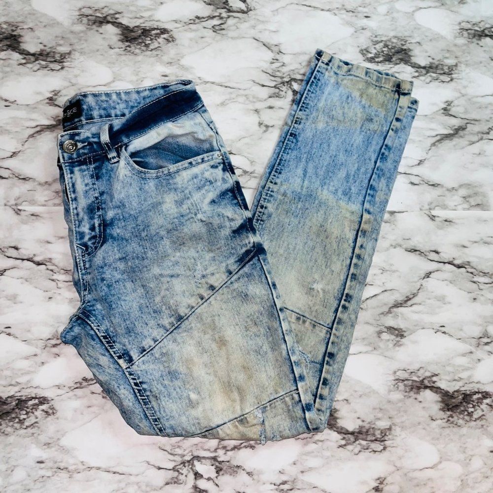 WT02 Jeans Acid Wash Distressed Straight Blue Men 30/30 Preppy Nightclub College